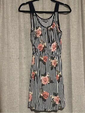 J for Justify Black & White Striped Tank Dress with Pink Floral Print